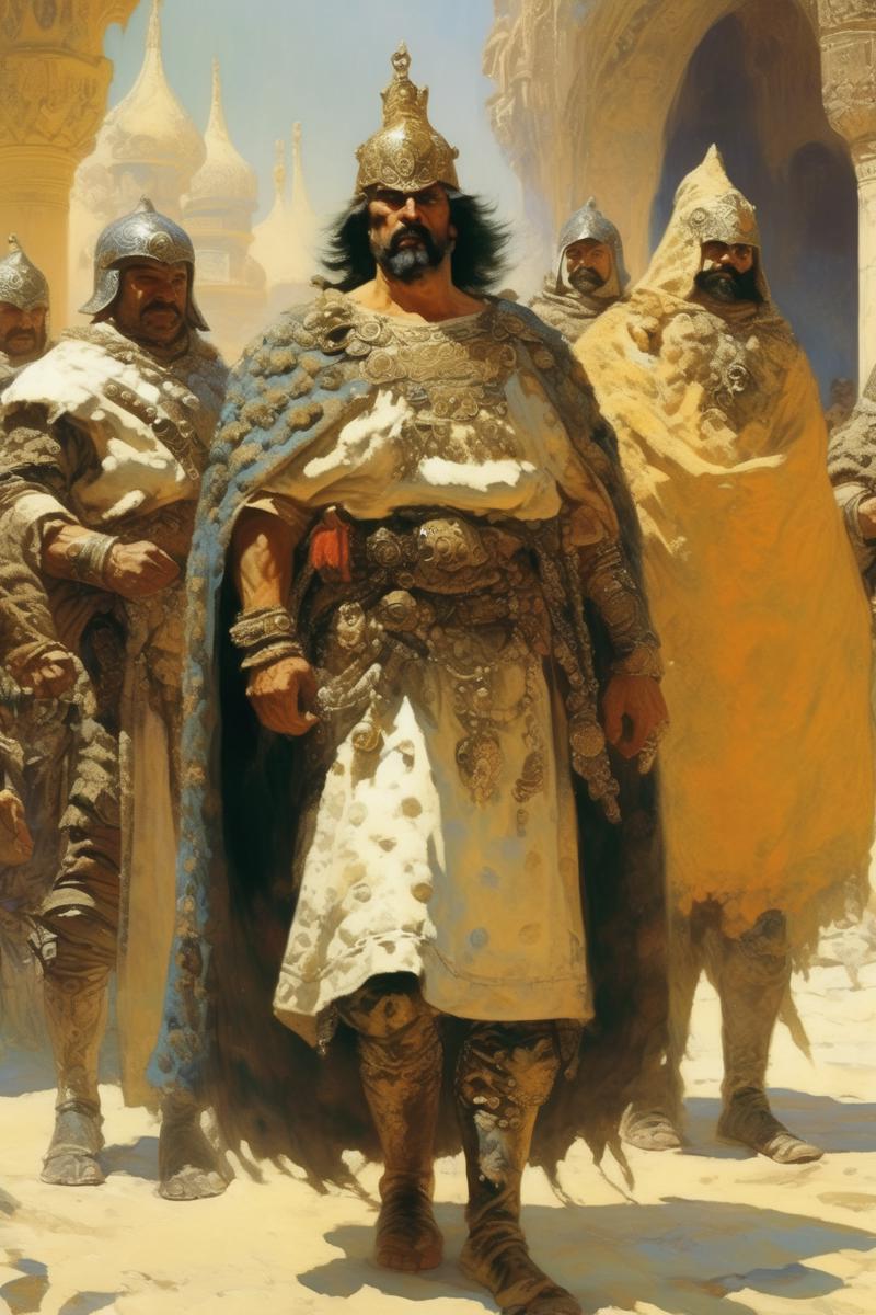 00674-2996692936-_lora_Vasily Vereshchagin Style_1_Vasily Vereshchagin Style - A merchant prince in brocade robes being escorted by mercenaries i.png